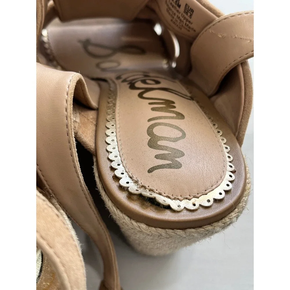 Sam Edelman Tan Suede Espadrille Wedge Sandals Bow Ankle Strap Women Size 6.5M‎